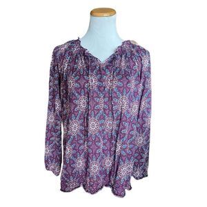 Womens ANA a.n.a. Long Sleeve Wheel Burst Print Flowy Scalloped Neck Top - Sz XL
